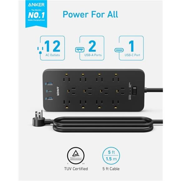 Surge Protector Power Strip (2100J), Anker 12 Outlets with 1 USB C and 2 USB - Picture 2 of 7